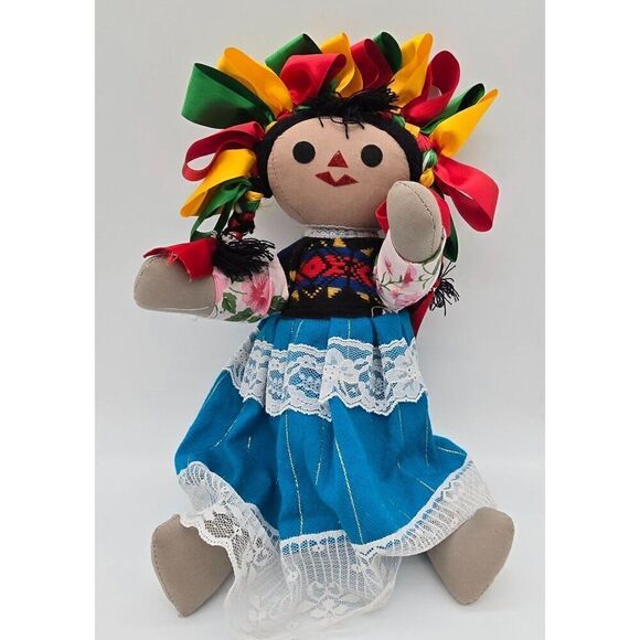 Handmade Mexican Doll With Colorful Ribbon Hair & Traditional Dress - Picture 1 of 9